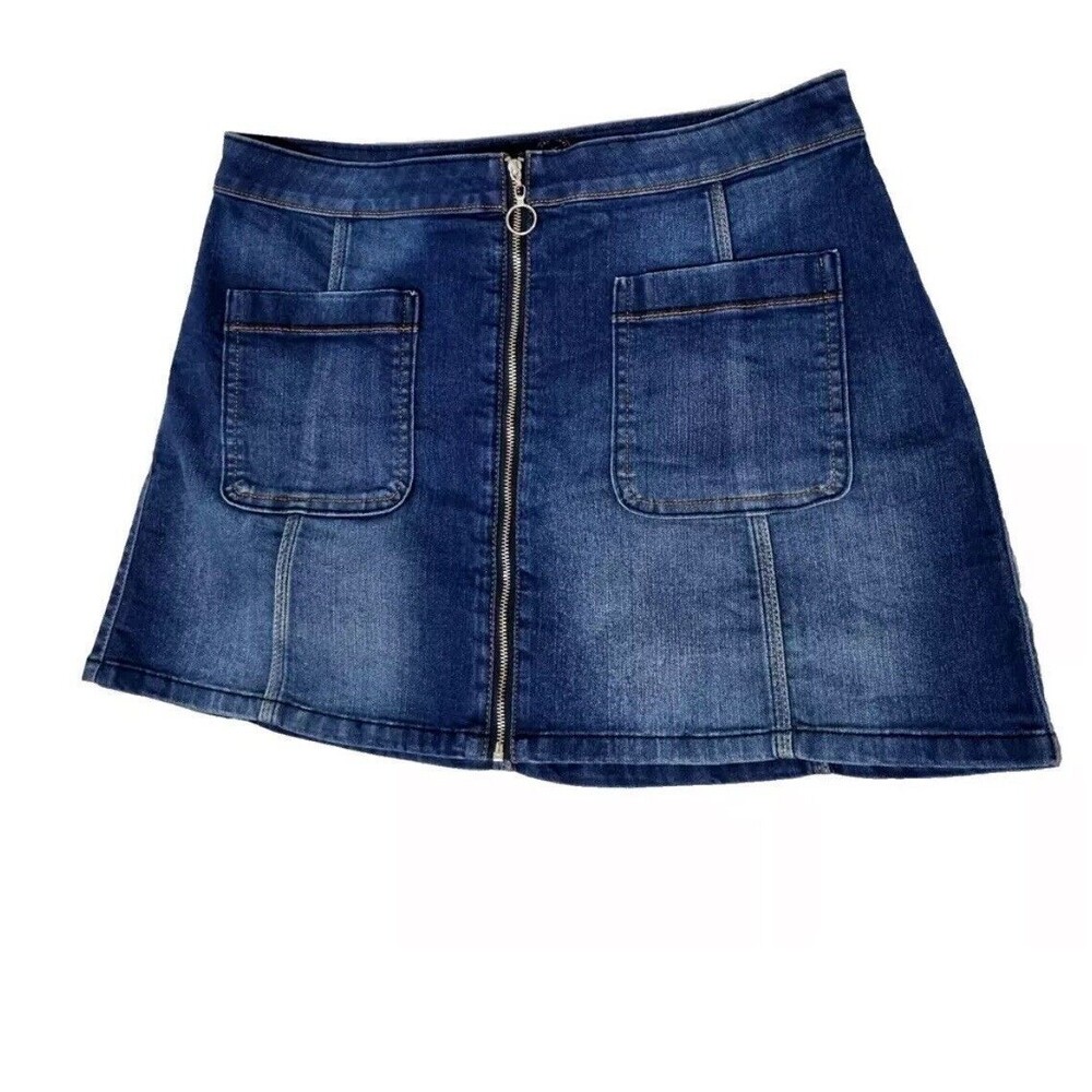Hollister Full Zip Denim Skirt Women Size 7 W28 Blue Full Zip Above Knee Mini Sk